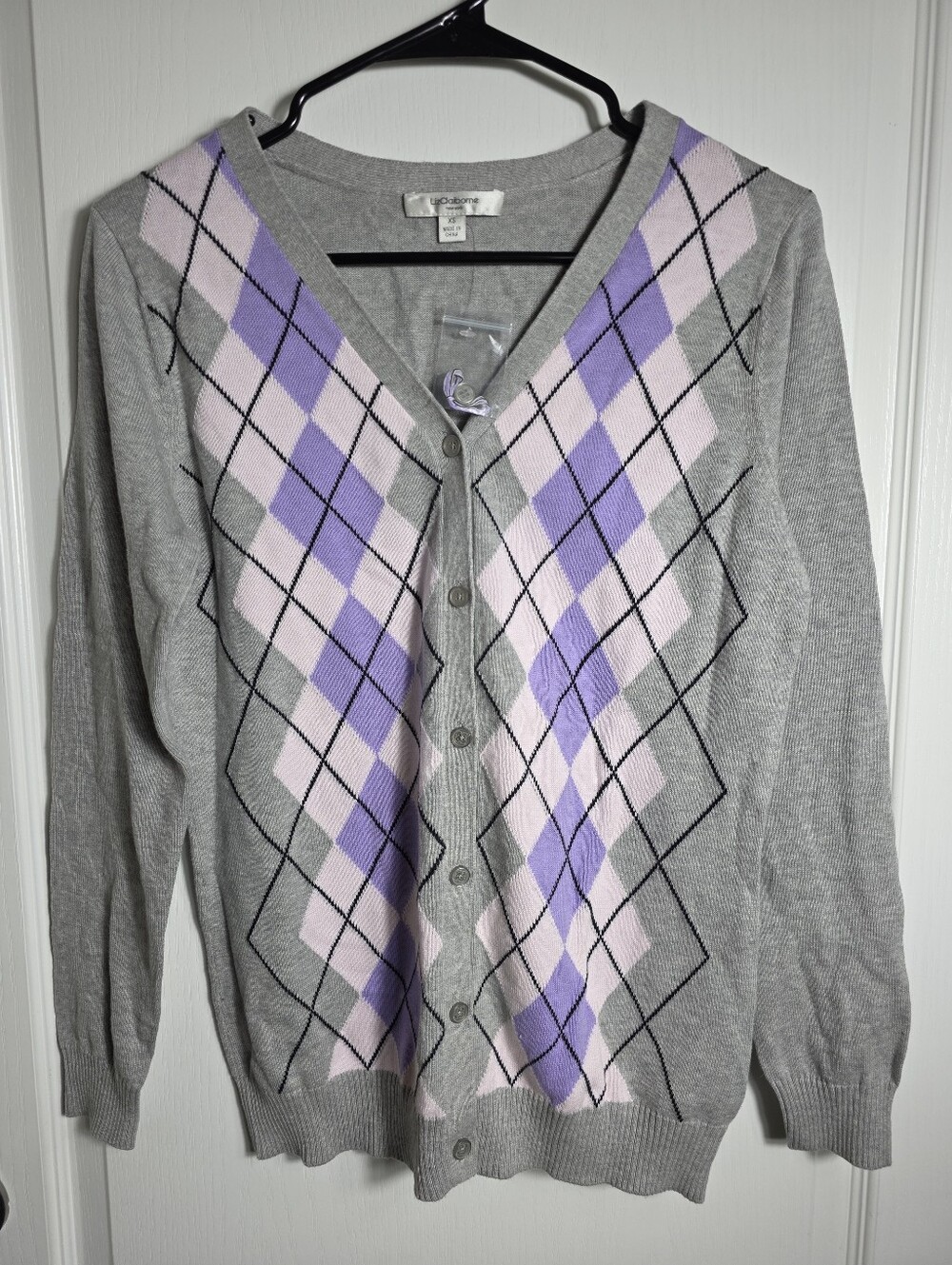 Womens Liz Claiborne Argyle Cardigan Sweater Size XS Gray Purple